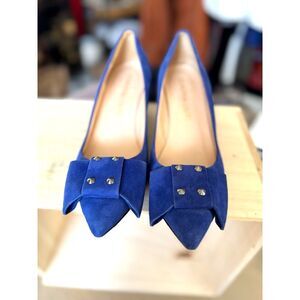 Claudia Ciuti 100% Suede Leather Cobalt Blue Silver Studed Bow Kitten Heels SZ 7